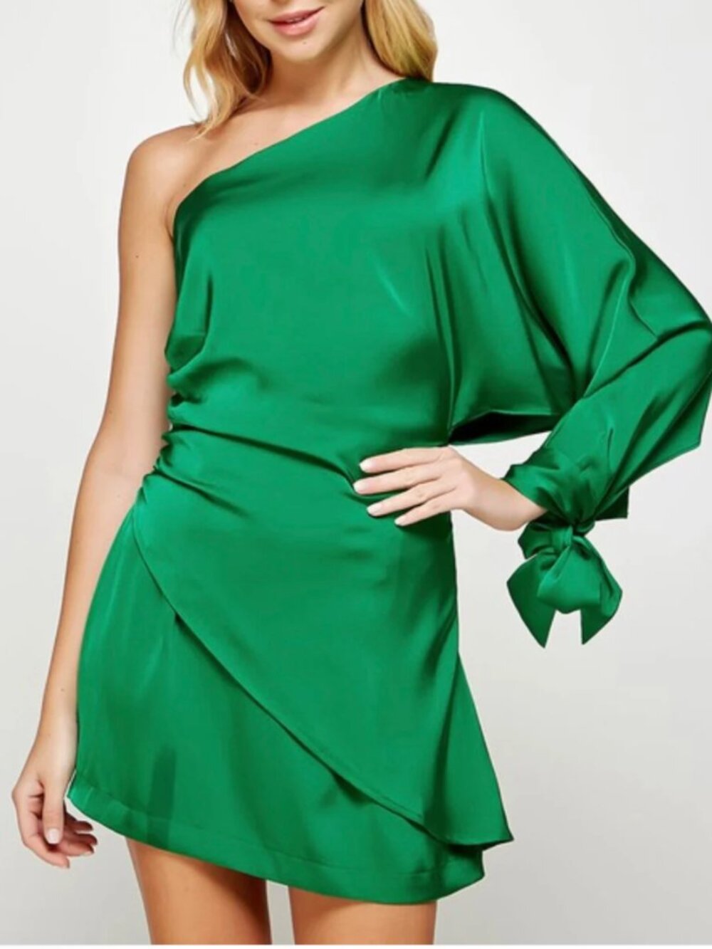 Impressions Satin Shiny Silky Green One Shoulder Cocktail Dress Size Medium M